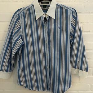 Lauren Ralph Lauren Blue and White Striped Dress Shirt with White Collar
